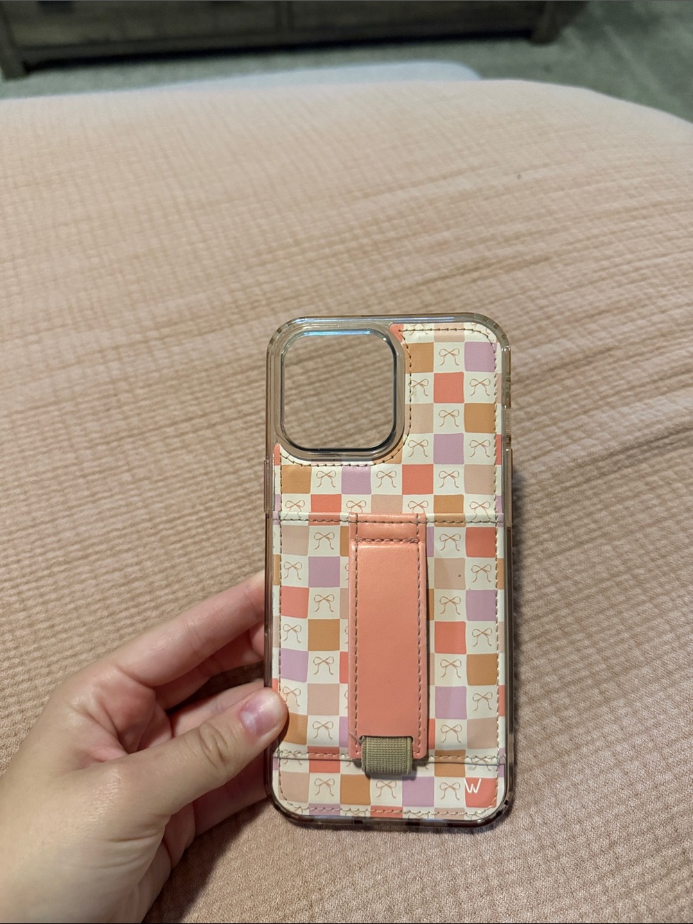 Walli iPhone 16 pro max Pink Plaid Phone Case with Hand Strap